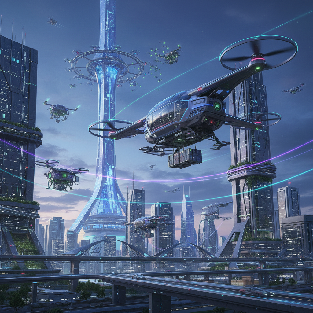 Multiple delivery drones flying among futuristic skyscrapers with glowing lights and highways below.